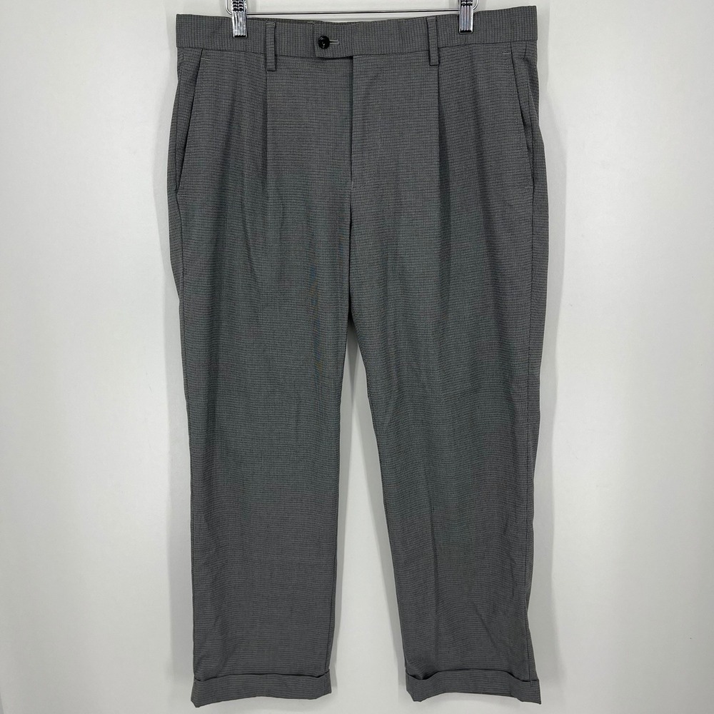Louis Raphael Golf Pants Mens 36x29 Grey Houndstooth Pleated Cuffed Trousers
